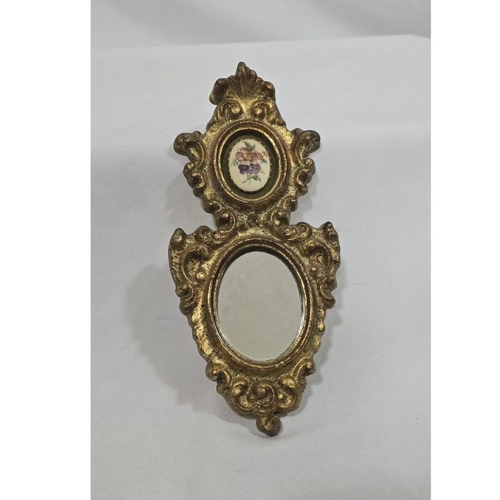 Vintage 1950s E.A. Riba wall‎ plaque gold frame floral beaded glass cameo mirror